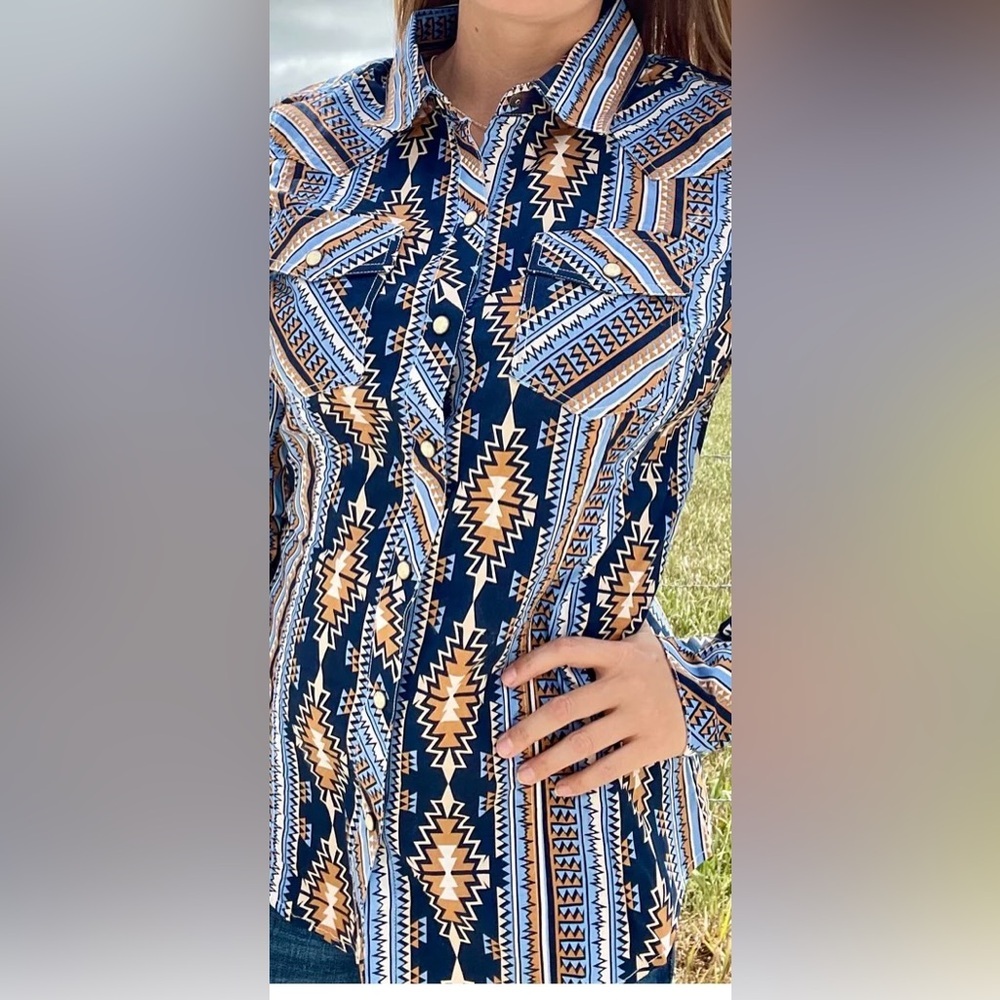 NWT Rock N Roll Aztec Long Sleeve Shirt Blue Snap Button Pockets W Lrg Western